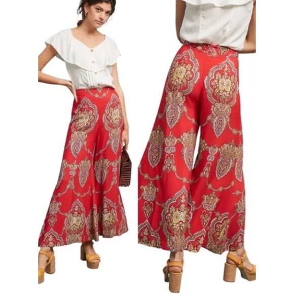 ANTHROPOLOGIE ETT: TWA WOMENS SIZE 12 MANON PAISLEY HIGH RISE WIDE LEG PANTS RED - Picture 1 of 12